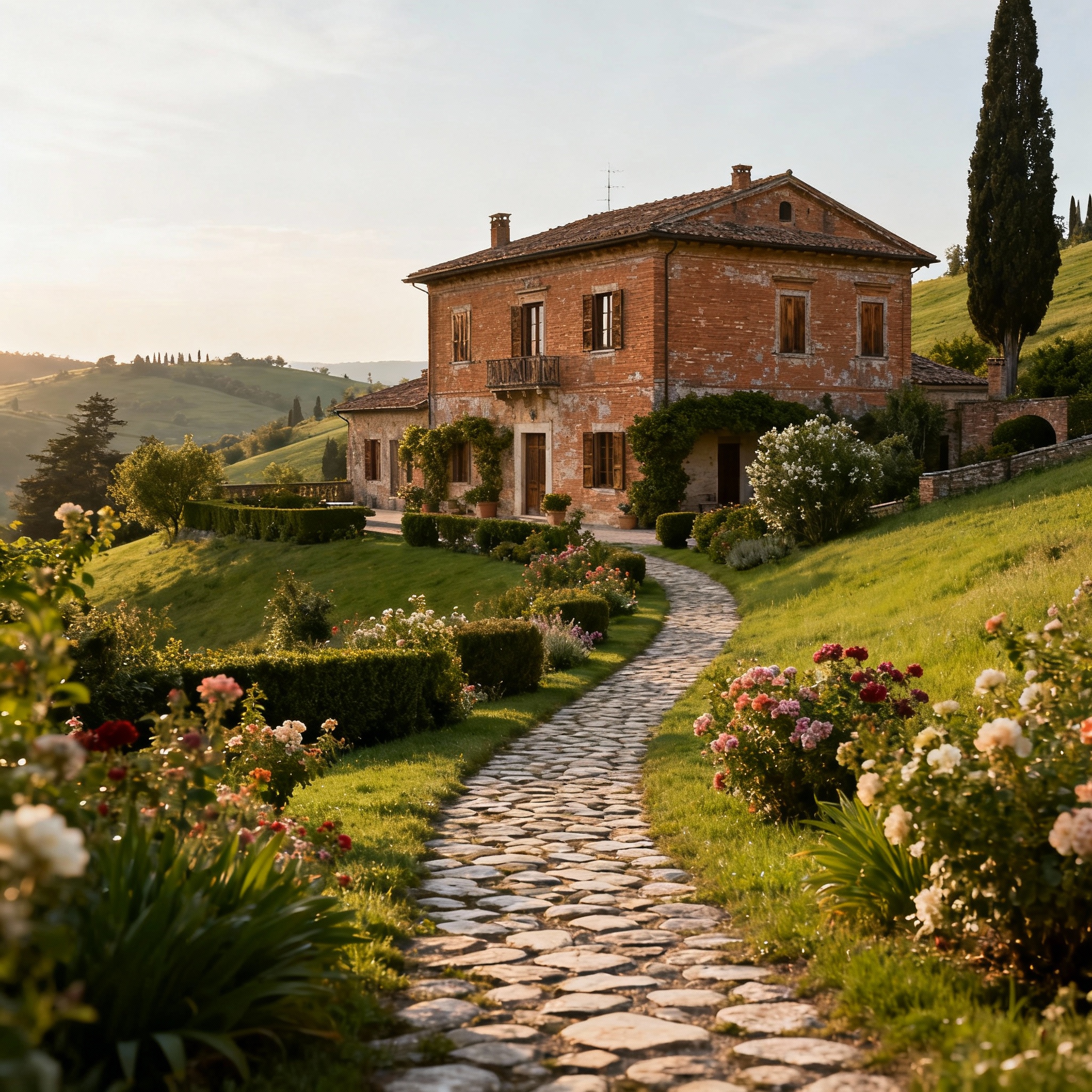 Ancient villa surrounded by lush green hills in the Marche region of Italy, showcasing serene countryside beauty.