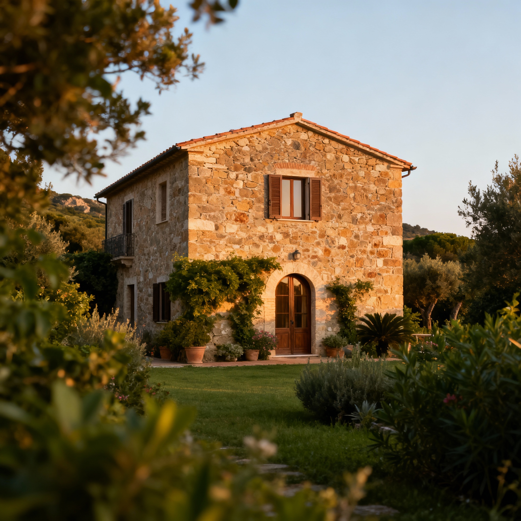Charming farmhouses surrounded by lush greenery in the scenic Tuscan countryside.