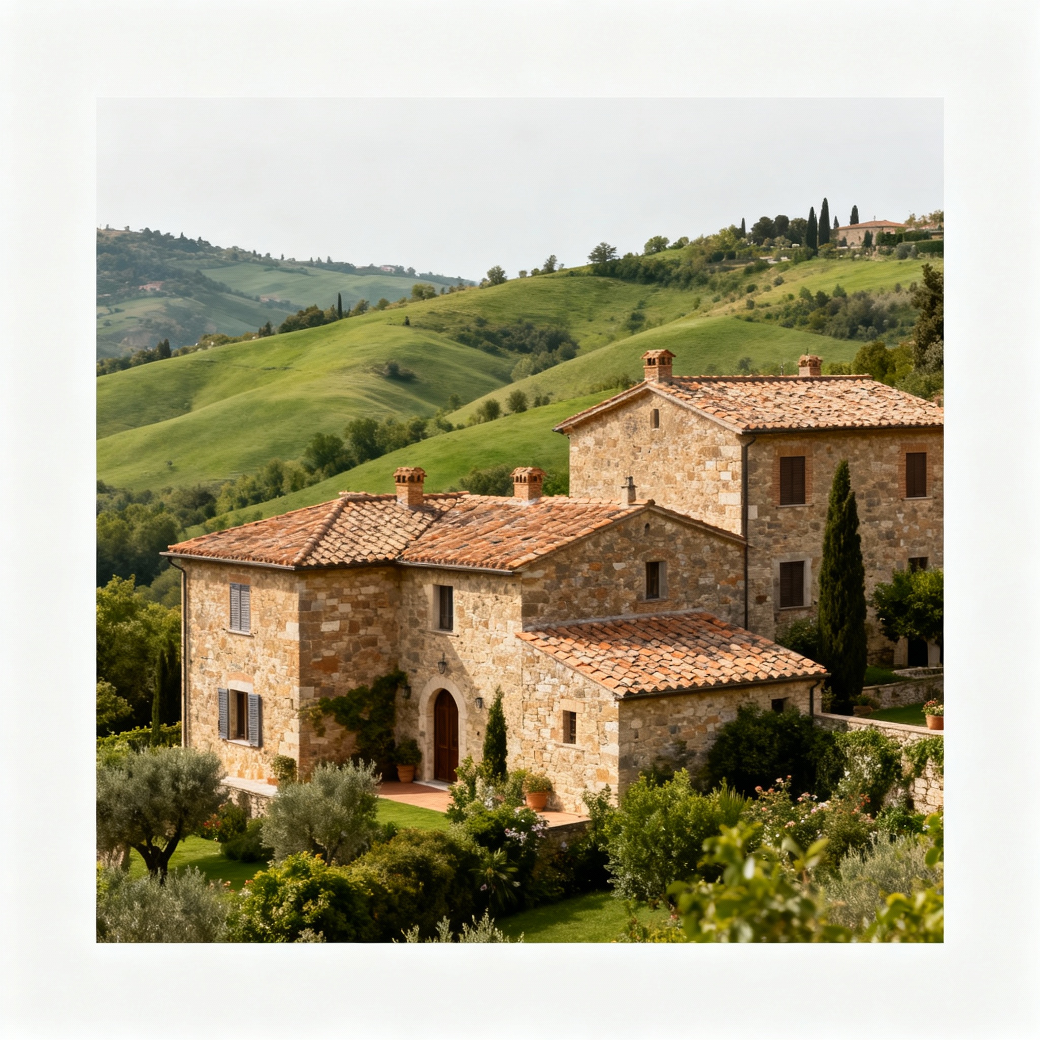 Rustic homes nestled in lush, hilly landscapes near Perugia, showcasing serene Italian countryside charm.