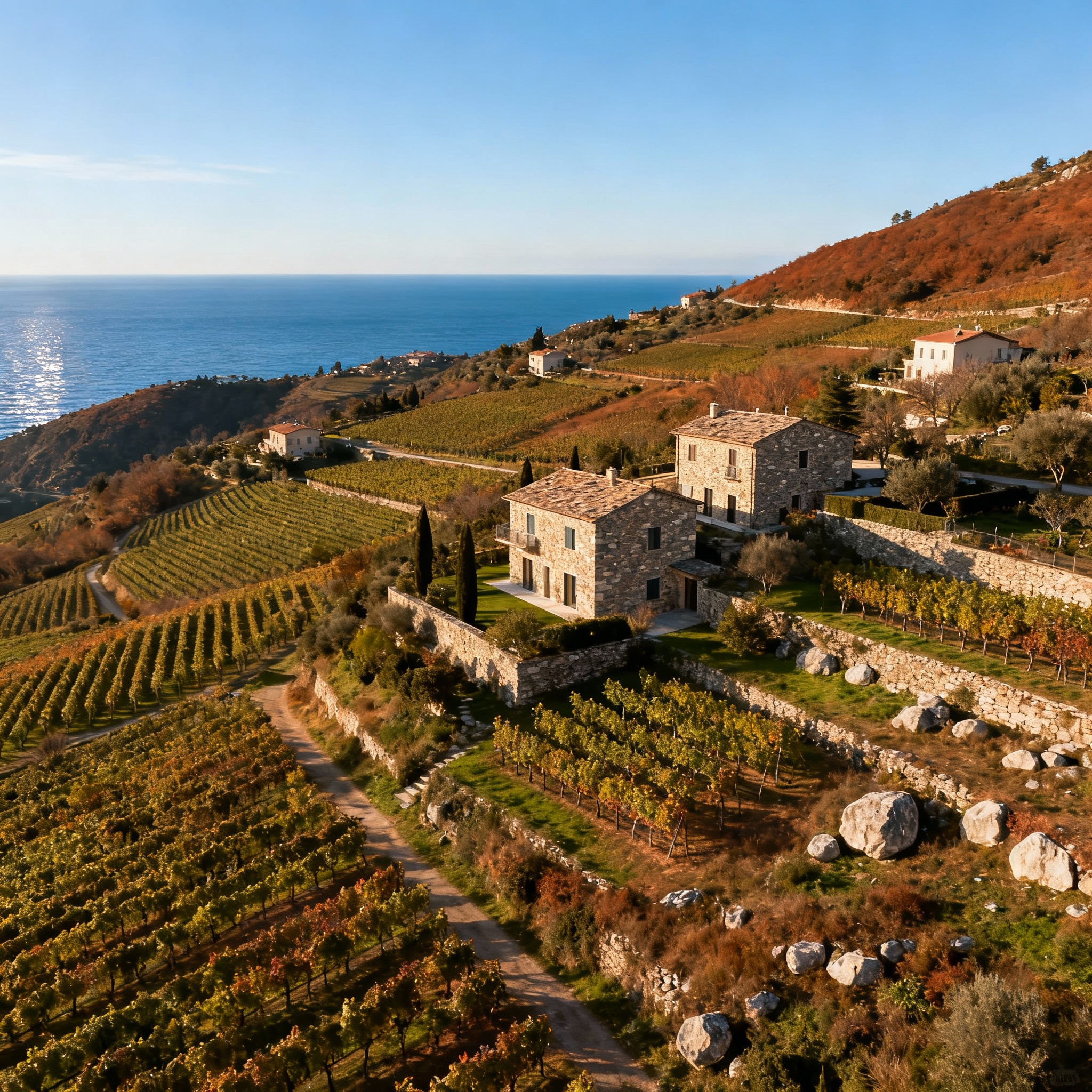 Hilly landscapes and vineyards near the beautiful Ligurian Sea, showcasing stunning grape fields and scenic views.