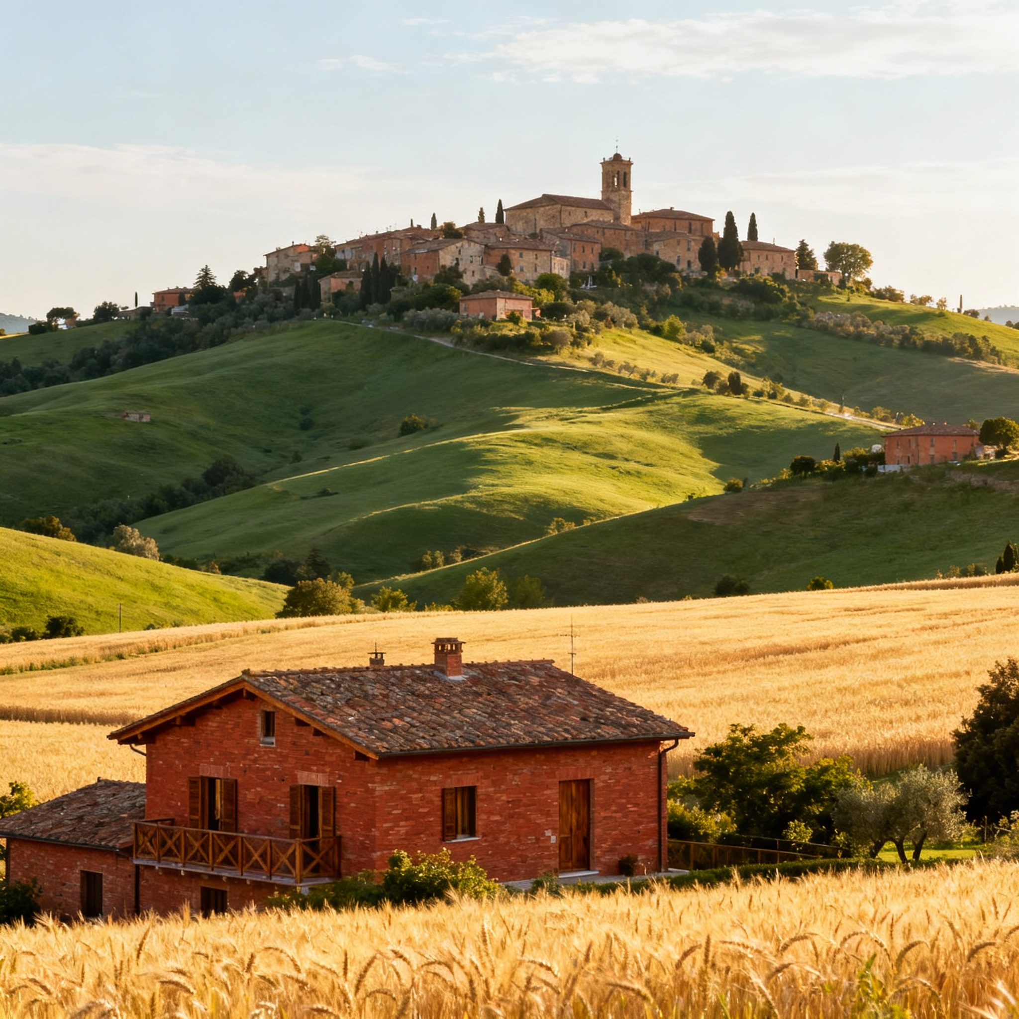Charming Marche countryside with rolling hills and historic villages, showcasing natural beauty and cultural heritage.