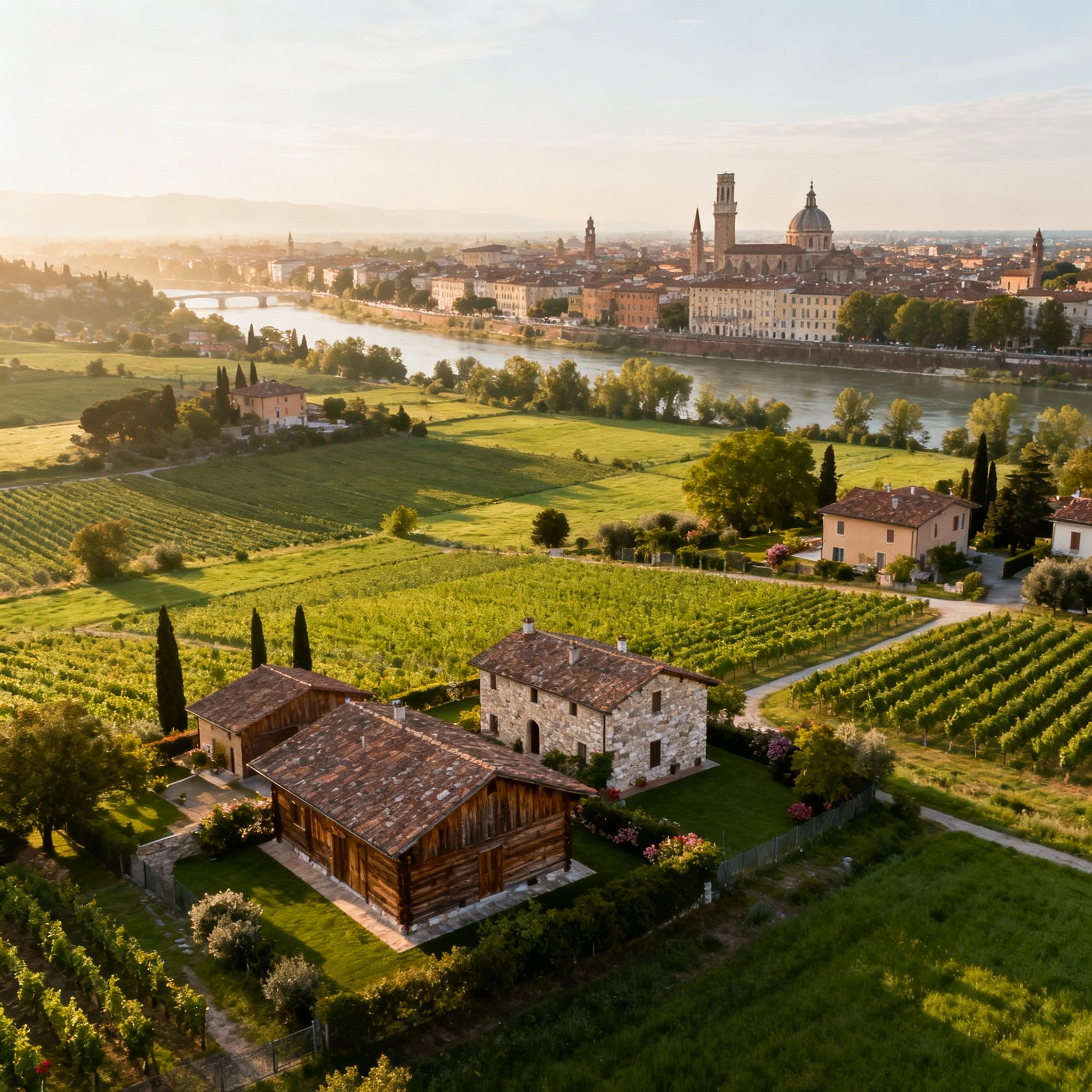 Historic city surrounded by romantic rural landscapes with lush fields and charming architecture.