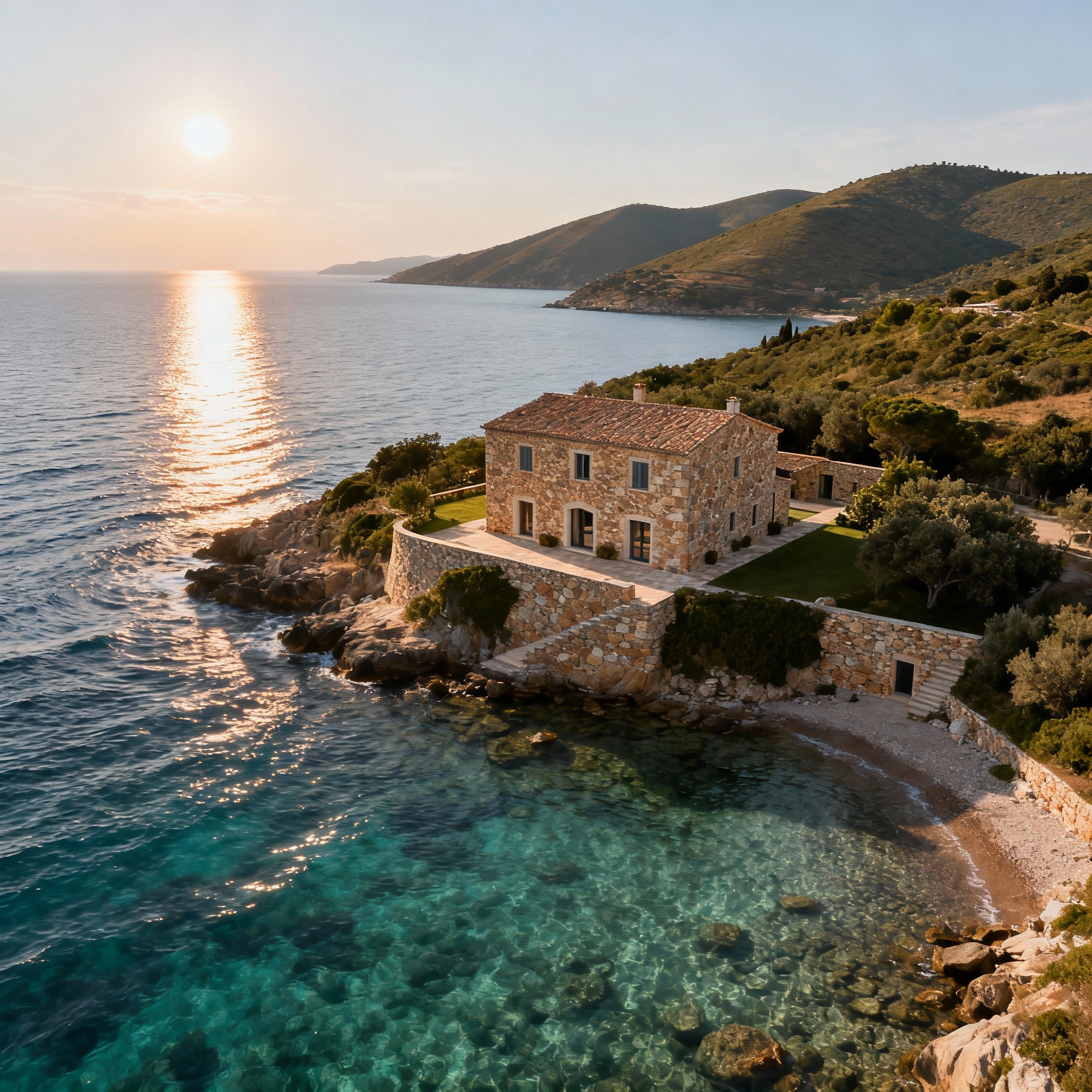 Rustic villas overlooking the sea with stunning hillside landscapes in a tranquil setting.